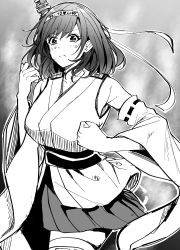 Rule 34 | 1girl, absurdres, aga marino, bad id, bad twitter id, blush, breasts, clenched hands, detached sleeves, frown, greyscale, hachimaki, hakama, hakama skirt, headband, highres, japanese clothes, kantai collection, large breasts, medium hair, monochrome, nontraditional miko, ribbon-trimmed sleeves, ribbon trim, rigging, skirt, solo, thighhighs, thighs, wide sleeves, yamashiro (kancolle), zettai ryouiki