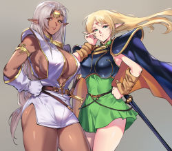 Rule 34 | 2girls, armor, blonde hair, boobplate, breastplate, breasts, brown eyes, cape, cleavage, cleavage cutout, clothing cutout, commentary request, dark-skinned female, dark elf, dark skin, deedlit, elf, gloves, green eyes, highres, large breasts, long hair, multiple girls, negresco, parted lips, pirotess, pointy ears, record of lodoss war, scabbard, sheath, shoulder armor, silver hair, skirt, smile, sword, tiara, weapon