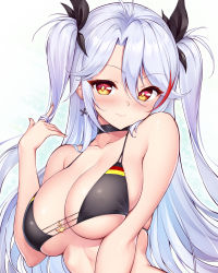 Rule 34 | 1girl, antenna hair, azur lane, bare shoulders, bikini, black bikini, black choker, black ribbon, blush, breasts, choker, cleavage, collarbone, commentary, earrings, english commentary, fingernails, hair ribbon, hand in own hair, hand up, highres, ivenglynn, jewelry, large breasts, long hair, looking at viewer, multicolored hair, official alternate costume, orange eyes, prinz eugen (azur lane), prinz eugen (unfading smile) (azur lane), red hair, ribbon, shiny skin, silver hair, smile, solo, streaked hair, swimsuit, two side up, underboob