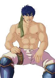 Rule 34 | 1boy, abs, bara, blue eyes, blue hair, booty electric, fire emblem, grin, headband, highres, ike (fire emblem), looking at viewer, male focus, muscular, naughty face, nintendo, nipples, pectorals, topless male, sitting, smile, solo, tagme, undressing