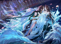 Rule 34 | 1boy, 1girl, bare legs, bridge, brown hair, character request, cony (comicsun), detached sleeves, dress, flower, from side, hair ornament, long hair, long sleeves, looking at another, open mouth, splashing, water, waves, white dress, wisteria, yi meng jianghu