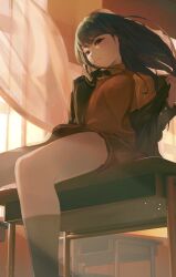 Rule 34 | 1girl, absurdres, amagami, ayatsuji tsukasa, black bow, black bowtie, black eyes, black hair, black jacket, blazer, bow, bowtie, classroom, desk, eeekaku tofu, feet out of frame, from below, highres, indoors, jacket, long hair, looking at viewer, looking down, on desk, open clothes, open jacket, parted lips, pleated skirt, red shirt, red skirt, red sweater vest, school desk, shirt, sitting, skirt, solo, sweater vest, thighs, undressing, window