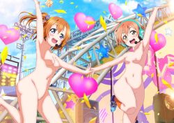 Rule 34 | 10s, 2girls, absurdres, balloon, blush, breasts, happy, highres, hoshizora rin, kosaka honoka, love live!, love live! school idol project, multiple girls, nipples, nude, nude filter, outdoors, pussy, small breasts, third-party edit, uncensored, zenra