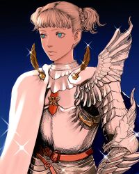 Rule 34 | 1girl, armor, berserk, blonde hair, blue background, blue eyes, braid, cape, commentary request, cosplay, farnese (berserk), griffith (berserk), griffith (berserk) (cosplay), nisino2222, profile, short twintails, solo, sparkle, twintails, upper body, white cape
