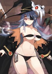 Rule 34 | 1girl, bad id, bad pixiv id, bare shoulders, bikini, black bikini, black hat, blue hair, blurry, blurry background, breasts, ceiling, cleavage, closed mouth, collarbone, contrapposto, covered erect nipples, cowboy shot, depth of field, detached sleeves, eyepatch, gluteal fold, groin, hat, highres, indoors, large breasts, long hair, looking at viewer, lowleg, lowleg bikini, navel, one eye covered, original, red eyes, skull, smile, standing, stomach, strapless, strapless bikini, suminagashi, swimsuit, thighs, underboob, witch, witch hat