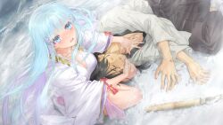 Rule 34 | 1boy, 1girl, bishoujo mangekyou (series), bishoujo mangekyou ibun: yuki onna, blue eyes, blue hair, blush, breasts, cleavage, closed eyes, day, from above, game cg, hand on another&#039;s chest, hand on another&#039;s face, happoubi jin, highres, injury, japanese clothes, kimono, large breasts, light blue hair, long hair, long sleeves, open mouth, outdoors, protecting, shirayuki hime (bishoujo mangekyou), snow, sword, very long hair, weapon
