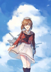 Rule 34 | 1girl, absurdres, black socks, blue sky, brown eyes, brown hair, brown neckerchief, chinese commentary, cloud, commentary request, dress, feet out of frame, grey sailor collar, hair ornament, hairclip, headgear, highres, kantai collection, kneehighs, looking at viewer, machinery, nan (nanyayyay), neckerchief, red shirt, sailor collar, sailor dress, sailor shirt, shirt, short hair, sky, socks, solo, tan yang (kancolle), white dress, yukikaze (kancolle)