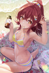 Rule 34 | + +, 1girl, arm up, barefoot, beach, beach towel, bikini, blue nails, blush, bottle, breasts, closed mouth, commentary request, crossed bangs, foot out of frame, hair between eyes, hair ornament, hair scrunchie, halterneck, hand up, heart, heart hair ornament, highres, holding, holding bottle, idolmaster, idolmaster shiny colors, komiya kaho, long hair, looking at viewer, lotion bottle, medium breasts, mouth hold, nail polish, outdoors, ponytail, red eyes, red hair, scrunchie, shirt, sitting, smile, solo, striped bikini, striped clothes, swimsuit, towel, unworn shirt, urabi (tomatohouse), wariza, white shirt