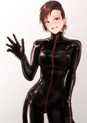 Rule 34 | 1girl, arm at side, blush, bodysuit, breasts, brown eyes, brown hair, buzz cut, contrapposto, cowboy shot, highres, kilye kairi, large breasts, latex, latex bodysuit, looking at viewer, original, short hair, simple background, skin tight, smile, solo, very short hair, waving, white background
