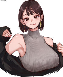 Rule 34 | 1girl, :p, aosora2823, armpits, breasts, brown eyes, brown hair, commentary request, earrings, grey sweater, highres, jewelry, large breasts, looking at viewer, original, short hair, sleeveless, sleeveless sweater, solo, sweater, tongue, tongue out, upper body