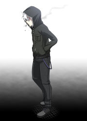 Rule 34 | 1boy, caffein, cigarette, hands in pockets, highres, honne dell, hood, hooded jacket, jacket, male focus, red eyes, shoes, sideways glance, smoking, sneakers, solo, vocaloid, white hair