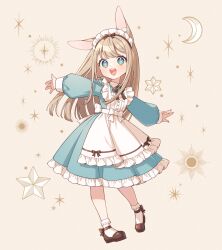 Rule 34 | + +, 1girl, absurdres, animal ear fluff, animal ears, apron, black footwear, blue dress, blue eyes, blush, bobby socks, child, commentary request, crescent, dress, frilled dress, frills, full body, goshi-san, grey hair, highres, long hair, long sleeves, maid, maid headdress, mary janes, open mouth, original, outstretched arms, rabbit ears, shoes, smile, socks, solo, spread arms, star (symbol), white apron, white socks