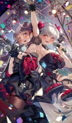 Rule 34 | 2girls, absurdres, arm up, azur lane, black dress, black gloves, black hair, black theme, breasts, confetti, detached sleeves, dress, fingerless gloves, formidable (azur lane), formidable (muse) (azur lane), gloves, grey hair, hair ribbon, heaven&#039;s melody, highres, holding, holding microphone, horns, idol, idol clothes, large breasts, layered dress, long hair, microphone, multiple girls, noshiro (azur lane), noshiro (muse) (azur lane), official alternate costume, oni, ribbon, sideboob cutout, stage, twintails