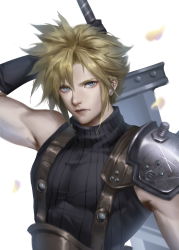 Rule 34 | 1boy, absurdres, armor, bare shoulders, black gloves, blonde hair, blue eyes, buster sword, closed mouth, cloud strife, earrings, final fantasy, final fantasy vii, gloves, hair between eyes, highres, holding, holding sword, holding weapon, jewelry, male focus, pauldrons, petals, platinalsh, rust, screw, shoulder armor, simple background, single pauldron, solo, stud earrings, sword, turtleneck, upper body, weapon, white background