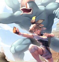 Rule 34 | 1girl, :o, absurdres, bea (pokemon), blonde hair, blue eyes, blush, bodysuit, bodysuit under clothes, bow hairband, clenched hands, cloud, collared shirt, commentary request, covered abs, creatures (company), dark-skinned female, dark skin, day, dynamax band, fighting stance, floating hair, game freak, gen 1 pokemon, gloves, hairband, highres, knee pads, lan777, leg up, looking to the side, machamp, nintendo, open mouth, outdoors, partially fingerless gloves, pokemon, pokemon (creature), pokemon swsh, print shirt, print shorts, shirt, short hair, short sleeves, shorts, single glove, sky, sweat