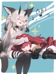 Rule 34 | 2girls, :d, animal ear fluff, animal ears, black hair, black jacket, black thighhighs, bodysuit, cat ears, cat girl, cat tail, closed eyes, cropped jacket, demon girl, demon tail, extra ears, fangs, gradient hair, grey hair, hand on another&#039;s head, highres, horns, invisible chair, jacket, lap pillow, long hair, long sleeves, mosou keito, multicolored hair, multiple girls, music, musical note, off-shoulder sweater, off shoulder, open mouth, original, pointy ears, red hair, singing, sitting, sleeping, sleeves past wrists, smile, streaked hair, striped clothes, striped thighhighs, sweater, tail, thighhighs, twintails, two-tone hair, two side up, very long hair, white bodysuit, white thighhighs