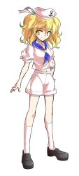 Rule 34 | 1girl, alphes (style), blonde hair, blue sailor collar, dairi, full body, hand on own hip, hat, highres, kitashirakawa chiyuri, kneehighs, loafers, long hair, looking at viewer, parody, ribbon, sailor collar, sailor hat, shirt, shoes, short sleeves, shorts, socks, solo, style parody, touhou, touhou (pc-98), transparent background, twintails, white background, white socks, yellow eyes