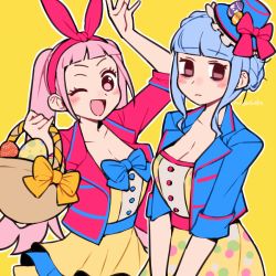 Rule 34 | 2girls, alternate costume, artist name, basket, blue bow, blue hair, blunt bangs, blush, bow, braid, breasts, brown eyes, cleavage, crown braid, do m kaeru, dress, easter egg, egg, female focus, fire emblem, fire emblem: three houses, hairband, hat, hilda valentine goneril, holding, long hair, marianne von edmund, matching hair/eyes, multiple girls, nintendo, one eye closed, open mouth, pink eyes, pink hair, red bow, red hairband, short sleeves, simple background, twintails, upper body, wink, yellow background, yellow bow