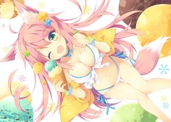 Rule 34 | 1girl, animal ears, bikini, blush, breasts, cleavage, fang, food, fox ears, fox tail, green eyes, hair ornament, ice cream, long hair, looking at viewer, navel, nibiiro shizuka, one eye closed, open mouth, original, pink hair, simple background, smile, solo, swimsuit, tail