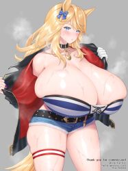 Rule 34 | 1girl, animal ears, artist name, asymmetrical gloves, bandeau, blonde hair, blue eyes, blush, bow, breasts, bursting breasts, choker, cleavage, collarbone, cowboy shot, curvy, denim, denim shorts, english text, gigantic breasts, gloves, gold city (umamusume), hair bow, highres, horse ears, horse girl, horse tail, jacket, japanese text, long hair, looking at viewer, open clothes, open jacket, parted lips, saitou touko, shiny skin, short shorts, shorts, sidelocks, skindentation, solo, standing, striped bandeau, sweat, tail, thick thighs, thigh strap, thighs, twitter username, umamusume, wide hips