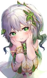 Rule 34 | 1girl, blush, bracelet, cape, closed mouth, cross-shaped pupils, detached sleeves, dress, full body, genshin impact, gold trim, gradient hair, green cape, green eyes, green hair, green sleeves, hair ornament, hands on own cheeks, hands on own face, highres, jewelry, leaf hair ornament, long hair, looking at viewer, mihasu, multicolored hair, nahida (genshin impact), pointy ears, short sleeves, side ponytail, sidelocks, sleeveless, sleeveless dress, solo, standing, stirrup footwear, symbol-shaped pupils, toeless footwear, white background, white dress, white footwear, white hair