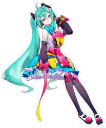 Rule 34 | 1girl, aqua eyes, aqua hair, arm at side, bad id, bad pixiv id, bare shoulders, black sleeves, black thighhighs, blue bow, bow, bow legwear, bubble skirt, buttons, closed mouth, detached sleeves, eyes visible through hair, fingernails, frilled skirt, frilled sleeves, frills, full body, hair between eyes, hair ribbon, hand on headphones, hand up, hatsune miku, head tilt, headphones, highres, knees together feet apart, long hair, long sleeves, looking at viewer, magical mirai (vocaloid), magical mirai miku, magical mirai miku (2018), mary janes, pink bow, platform footwear, puffy long sleeves, puffy sleeves, ribbon, rsk (tbhono), shoes, simple background, skirt, smile, solo, striped clothes, striped thighhighs, thighhighs, tsurime, twintails, vertical-striped clothes, vertical-striped thighhighs, very long hair, vocaloid, white background, white footwear, white ribbon, wing collar, wrist bow, yellow bow