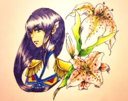 1girl black_hair blue_eyes chiichiyan epaulettes flower junketsu kamui_(kill_la_kill) kill_la_kill kiryuuin_satsuki lily_(flower) marker_(medium) retro_artstyle solo symbolism thick_eyebrows traditional_media upper_body