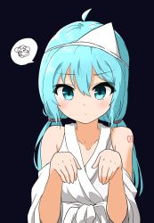 Rule 34 | 1girl, absurdres, ahoge, aqua eyes, aqua hair, bare shoulders, black background, commentary, ghost costume, ghost pose, haika iwatsuki, hair tie, hands up, hatsune miku, highres, light blush, long hair, looking at viewer, low twintails, shoulder tattoo, solo, speech bubble, spoken squiggle, squiggle, tattoo, triangular headpiece, twintails, vocaloid
