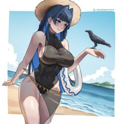 Rule 34 | 1girl, arm at side, bangle, bare arms, bare shoulders, beach, bird, bird on hand, black hair, black one-piece swimsuit, blue eyes, blue hair, blue sky, blunt bangs, blush, border, bracelet, breasts, casual one-piece swimsuit, closed mouth, cloud, colored inner hair, commentary, covered navel, cowboy shot, crow, day, dutch angle, english commentary, hair intakes, halterneck, hand up, hat, highleg, highleg swimsuit, highres, hololive, hololive english, horizon, innertube, jewelry, large breasts, long hair, looking at animal, mountain, multicolored hair, ocean, one-piece swimsuit, ouro kronii, outdoors, outside border, sarong, see-through, see-through sarong, seventeencrows, shore, sideboob, sky, smile, solo, standing, straw hat, swim ring, swimsuit, taut clothes, taut swimsuit, thigh gap, twitter username, two-tone hair, very long hair, virtual youtuber, water, white border