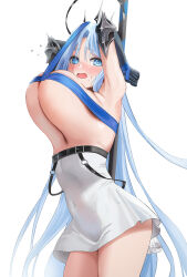 Rule 34 | 1girl, alsace (azur lane), armpits, arms up, azur lane, bare shoulders, belt, black belt, black tiara, blue eyes, blue hair, blue ribbon, blush, bound, bound wrists, breast strap, breastless clothes, breasts, cleavage, commentary, covered navel, cowboy shot, dress, flying sweatdrops, gauntlets, halo, halo behind head, highres, large breasts, long hair, looking at viewer, open mouth, parted bangs, presenting armpit, ribbon, shugo 15, sidelocks, simple background, solo, standing, strap pull, sweat, tiara, underboob, underbust, very long hair, white background, white dress