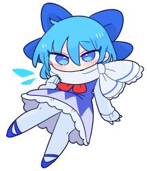 Rule 34 | 1girl, blue dress, blue eyes, blue footwear, blue hair, cirno, collared shirt, dress, flat chest, highres, ice, ice wings, neck ribbon, op na yarou, pantyhose, pinafore dress, puffy short sleeves, puffy sleeves, red ribbon, ribbon, scarf, shirt, short hair, short sleeves, simple background, sleeveless dress, sleeves past wrists, solo, touhou, white background, white pantyhose, white scarf, white shirt, wings