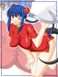 Rule 34 | animated, animated gif, arc system works, bent over, blinking, blue hair, blush, braid, breasts, china dress, chinese clothes, dizzy (guilty gear), dress, covered erect nipples, guilty gear, large breasts, lowres, nipples, racco, red eyes, solo, tail, thighs, waitress, wink, zoom layer
