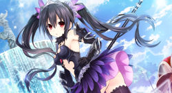 Rule 34 | 1girl, absurdres, alternate costume, armor, armored dress, bare shoulders, black hair, breasts, day, fantasy, fountain, four goddesses online: cyber dimension neptune, game cg, gauntlets, gloves, hair ornament, highres, long hair, looking at viewer, medium breasts, neptune (series), noire (neptunia), official art, red eyes, sky, solo, sparkle, thighhighs, tsunako, twintails, water, zettai ryouiki