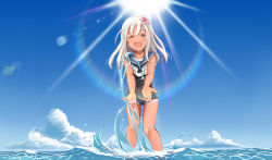 Rule 34 | 1girl, black one-piece swimsuit, blonde hair, blue eyes, blue sailor collar, blue sky, cloud, crop top, day, feet out of frame, flower, full body, ggxfan, hair flower, hair ornament, highres, kantai collection, lens flare, looking at viewer, one-piece swimsuit, one-piece tan, one eye closed, open mouth, outdoors, ro-500 (kancolle), sailor collar, school swimsuit, sky, smile, solo, standing, sun, swimsuit, swimsuit under clothes, tan, tanline, water