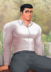 Rule 34 | 1boy, absurdres, bara, black hair, closed mouth, collared shirt, day, glasses, grey pants, highres, large pectorals, male focus, mikicat, muscular, muscular male, original, outdoors, pants, pectorals, shirt, short hair, smile, solo, white shirt
