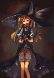 Rule 34 | 1girl, bell, black dress, blonde hair, bloomers, braid, clothes lift, collar, double v, dress, dress lift, female focus, hat, highres, kirisame marisa, long hair, neck bell, open mouth, pee, peeing, peeing self, red eyes, revision, smile, solo, touhou, ukyo rst, underwear, v, witch hat
