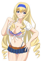 Rule 34 | 1girl, blonde hair, blue eyes, bra, breasts, cecilia alcott, cleavage, drill hair, front-tie top, hand on own hip, highres, infinite stratos, large breasts, legs, looking at viewer, midriff, navel, pink lips, skirt, smile, solo, thighs, thong, underwear