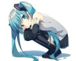 Rule 34 | aqua eyes, aqua hair, aqua nails, aqua necktie, bad id, bad pixiv id, bare shoulders, black skirt, black sleeves, black thighhighs, boots, child, commentary, detached sleeves, full body, grey shirt, hair ornament, hatsune miku, highres, long hair, looking at viewer, looking to the side, miniskirt, nail polish, necktie, pleated skirt, shadow, shirt, skirt, sleeveless, sleeveless shirt, smile, solo, squatting, thigh boots, thighhighs, tsumiki0326, twintails, very long hair, vocaloid, white background, zettai ryouiki