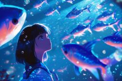 Rule 34 | 1girl, air bubble, black hair, blue eyes, bubble, commentary, fish, highres, original, parted lips, school of fish, school uniform, shirt, short hair, solo, symbol-only commentary, underwater, upper body, uroam, water, white shirt