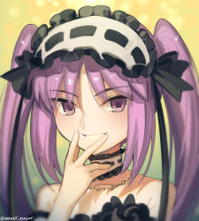 Rule 34 | 1girl, bare shoulders, boa (brianoa), breasts, collarbone, dress, euryale (fate), fate/hollow ataraxia, fate (series), frilled hairband, frills, grin, hairband, highres, long hair, looking at viewer, parted bangs, purple eyes, purple hair, sidelocks, small breasts, smile, solo, twintails, very long hair, white dress