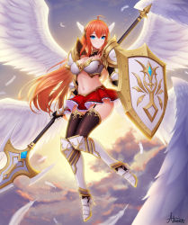 Rule 34 | 1girl, abeen jhong, absurdres, ahoge, armor, armored boots, black thighhighs, blue eyes, boobplate, boots, breastplate, breasts, feathered wings, frilled skirt, frills, full body, high heel boots, high heels, highres, holding, holding polearm, holding shield, holding spear, holding weapon, knee boots, large breasts, long hair, medium breasts, midriff, miniskirt, navel, orange hair, original, pauldrons, polearm, red skirt, shield, shoulder armor, skirt, solo, spear, thighhighs, valkyrie, vambraces, weapon, white wings, wings