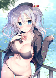 Rule 34 | 10s, 1girl, bad id, bad pixiv id, beret, bikini, bikini under clothes, blue eyes, blush, breasts, cleavage, condom, condom wrapper, hat, jacket, kantai collection, kashima (kancolle), long hair, long sleeves, navel, silver hair, solo, sousouman, sweat, swimsuit, swimsuit under clothes, twintails, water, wavy hair