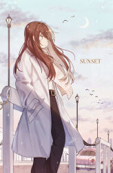 Rule 34 | 1girl, absurdres, belt, black belt, black pants, blue sky, brown hair, closed mouth, cloud, cloudy sky, coat, evening, hands in pockets, highres, long hair, long sleeves, moon, nyanaya, open clothes, open coat, original, pants, scarf, sky, solo, standing, white coat, white scarf