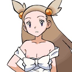 Rule 34 | 1girl, aliasing, bare shoulders, brown hair, collarbone, creatures (company), dress, female focus, flat chest, forehead, game freak, gomatarou (pixiv196136), gym leader, hair bobbles, hair ornament, hand on own hip, jasmine (pokemon), long hair, looking at viewer, lowres, nintendo, nipple slip, nipples, no bra, off shoulder, parted lips, pokemon, pokemon gsc, purple eyes, simple background, sleeveless, sleeveless dress, solo, standing, teeth, upper body, white background, white dress