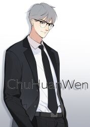 Rule 34 | 1boy, belt, black necktie, buttons, chu huan wen, closed mouth, collared shirt, commentary, djun, formal, glasses, gradient background, green eyes, grey hair, hand in pocket, here u are, highres, lapels, long sleeves, male focus, necktie, shirt, short hair, solo, suit, upper body, white shirt