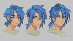 Rule 34 | 1boy, age progression, artist name, azolitmin, blue-haired boy (how to draw manga), blue eyes, blue hair, closed mouth, derivative work, grey background, hair intakes, happy, how to draw manga, how to draw manga redraw challenge (meme), looking at viewer, looking to the side, male focus, matching hair/eyes, meme, multiple views, ponytail, portrait, short hair, signature, simple background, sketch, smile