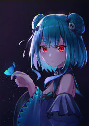 Rule 34 | 1girl, animal print, bare shoulders, black background, blue dress, bug, butterfly, butterfly print, commentary, detached collar, detached sleeves, double bun, dress, glitter, green hair, hair bun, hair ornament, hair ribbon, highres, hololive, insect, juliet sleeves, long sleeves, looking at viewer, necromancer, nekoreito, puffy sleeves, red eyes, ribbon, short dress, short hair, sidelocks, simple background, skull hair ornament, solo, strapless, strapless dress, symbol-only commentary, uruha rushia, uruha rushia (1st costume), virtual youtuber, wide sleeves