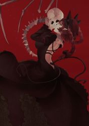 Rule 34 | 1girl, absurdres, animal ears, black bow, bow, braid, cat ears, cat tail, dress, highres, kaenbyou rin, long sleeves, multiple tails, naufaldreamer, pointy ears, red background, red hair, skull, tail, touhou, twin braids, two tails
