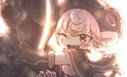 Rule 34 | 1boy, 1girl, backlighting, bandam, blush, bondrewd, breasts, child, commentary request, covered face, flipped hair, gloves, hat, helm, helmet, highres, imminent hug, looking at another, looking at viewer, made in abyss, meinya (made in abyss), multicolored hair, one eye closed, open mouth, prushka, sepia, short hair, signature, simple background, small breasts, streaked hair, teeth, upper body, upper teeth only