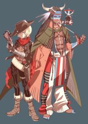 Rule 34 | 2boys, abs, barefoot, billy the kid (fate), blonde hair, blue background, boots, cowboy hat, dark skin, fate/grand order, fate (series), geronimo (fate), gun, hat, highres, jacket, male focus, multiple boys, muscular, native american, smoking pipe, scarf, simple background, smoking, toes, weapon, cowboy western